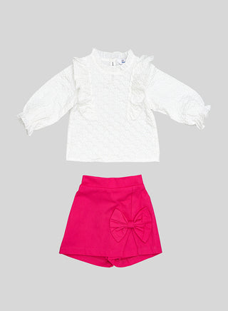 White Ruffle Top With Hot Pink Bow Shorts