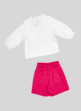 White Ruffle Top With Hot Pink Bow Shorts