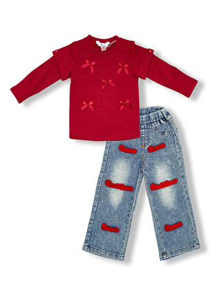 Red Bow Top With Patched Denim Jeans Set