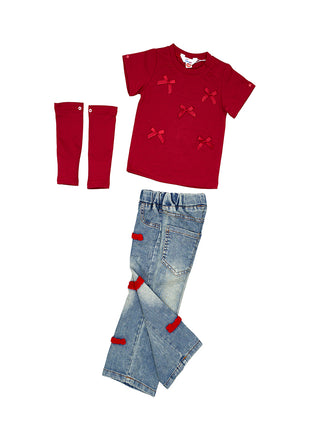 Red Bow Top With Patched Denim Jeans Set