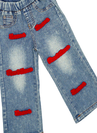 Red Bow Top With Patched Denim Jeans Set