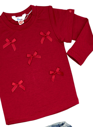 Red Bow Top With Patched Denim Jeans Set