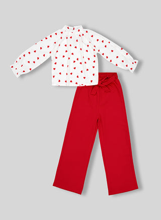 Red Heart Print Top With Flared Pants