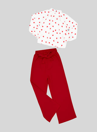 Red Heart Print Top With Flared Pants