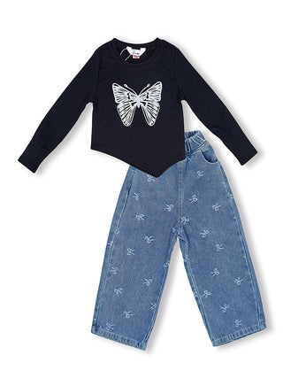 Butterfly Black Top With Embroidered Jeans