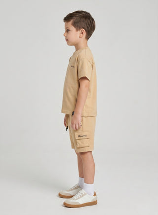 Boys Beige T-Shirt Cargo Shorts Set
