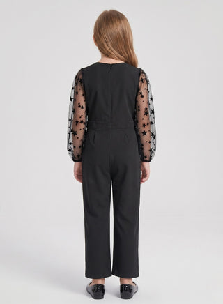Girls Black Pearl Waist Jumpsuit with Star Mesh Puff Sleeves