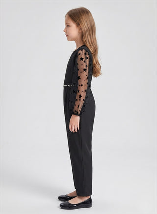 Girls Black Pearl Waist Jumpsuit with Star Mesh Puff Sleeves