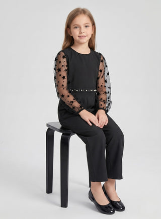 Girls Black Pearl Waist Jumpsuit with Star Mesh Puff Sleeves