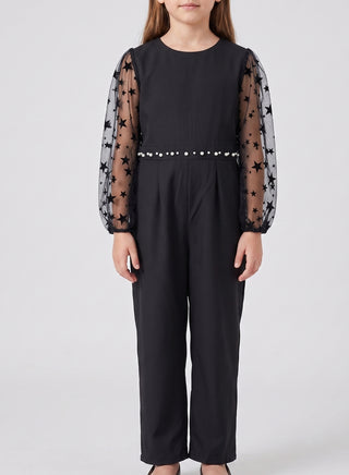 Girls Black Pearl Waist Jumpsuit with Star Mesh Puff Sleeves
