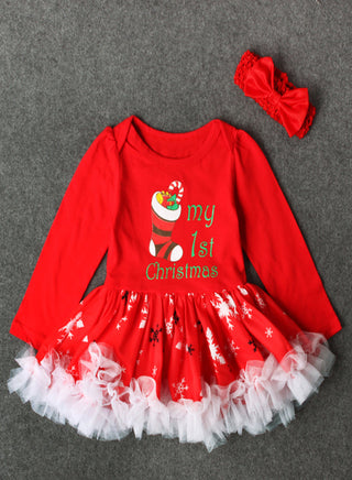My First Christmas Printed Red Dress for Little Girls