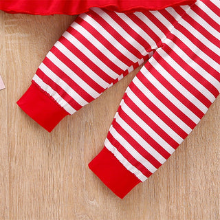 Red printed top and stripe bottom christmas set with headband for girls