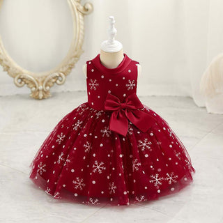Red Snowflake Elegance Knee-Length Christmas Festival Dress For Girls