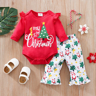 My First Christma Printed Top with Allover Printed Pant Set