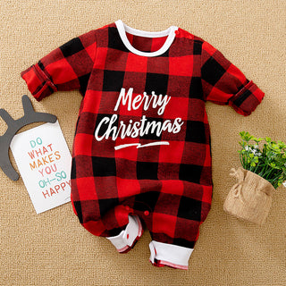 Checkered Cheer Merry Christmas Romper in Red & Black for Infants