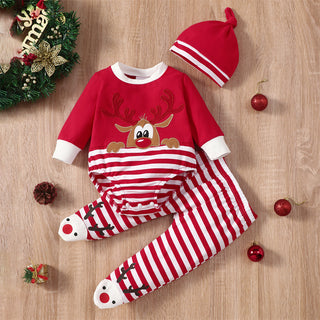 Rudolph's Reindeer Print Bodysuit with Striped Pant and Hat Set Festive Christmas Delight