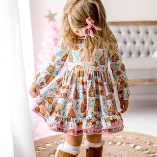 Gingerbread House Delight Festive Knee-Length Christmas Dress for Girls