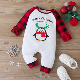 Festive Cheer Merry Christmas Printed Romper with Checkered Sleeves