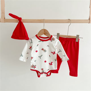 Festive Print Romper with Pant and Cap Set for Christmas
