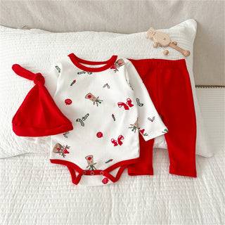 Festive Print Romper with Pant and Cap Set for Christmas