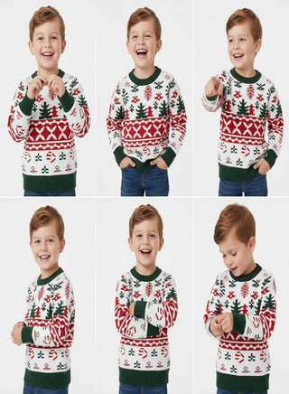 Kids White Fair Isle Christmas Sweater with Trees
