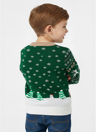 Kids Green Christmas Village Scene Knit Sweater
