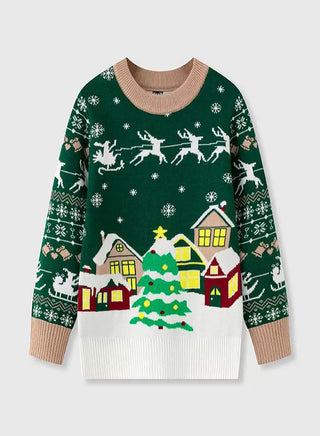 Kids Green Christmas Village Scene Knit Sweater