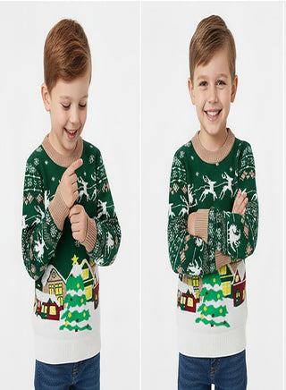 Kids Green Christmas Village Scene Knit Sweater