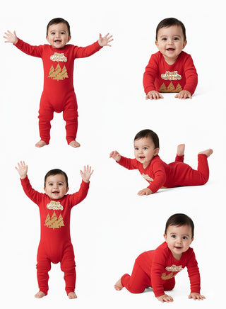 Merry Christmas Golden Tree Red Baby Romper