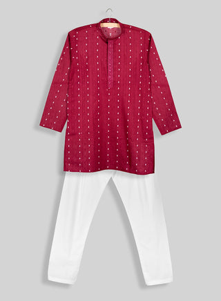 Boys Festive Maroon Printed Kurta Pajama Set