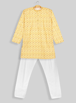 Boys Festive Yellow Printed Kurta Pajama Set