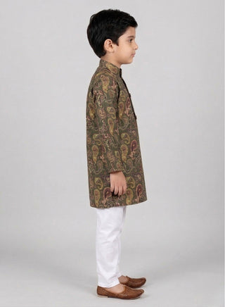 Boys Festive Brown Paisley Printed Kurta Set