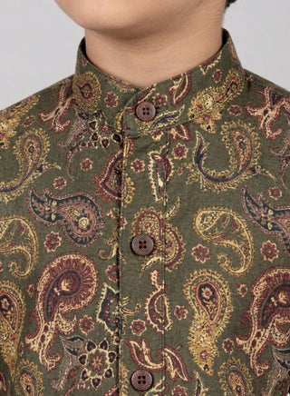 Boys Festive Brown Paisley Printed Kurta Set