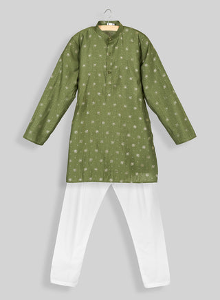 Boys Festive Olive Green Printed Kurta Pajama Set
