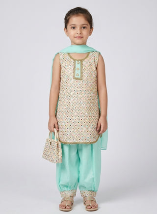Girls Mint Green Sleeveless Ethnic Set