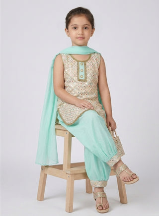 Girls Mint Green Sleeveless Ethnic Set