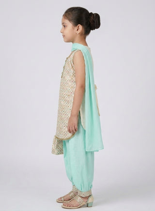 Girls Mint Green Sleeveless Ethnic Set