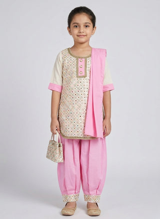 Girls Pink Sleeveless Ethnic Set