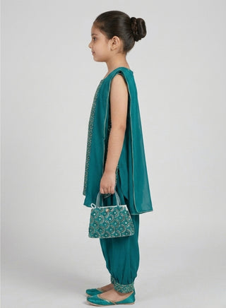 Girl wearing a teal green embroidered sleeveless kurta with matching Patiala salwar and chiffon dupatta ethnic wear set for kids aged 4–12 years.