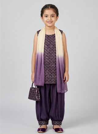 Girl wearing a embroidered sleeveless kurta with matching Patiala salwar and chiffon dupatta ethnic wear set for kids aged 4–12 years.