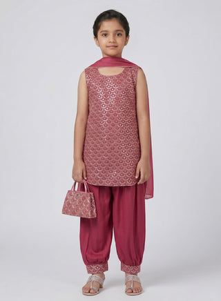 Girl wearing a embroidered sleeveless kurta with matching Patiala salwar and chiffon dupatta ethnic wear set for kids aged 4–12 years.