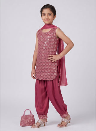 Girl wearing a embroidered sleeveless kurta with matching Patiala salwar and chiffon dupatta ethnic wear set for kids aged 4–12 years.