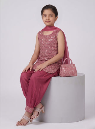 Girl wearing a embroidered sleeveless kurta with matching Patiala salwar and chiffon dupatta ethnic wear set for kids aged 4–12 years.