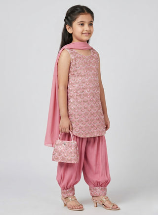 Girl wearing a embroidered sleeveless kurta with matching Patiala salwar and chiffon dupatta ethnic wear set for kids aged 4–12 years.