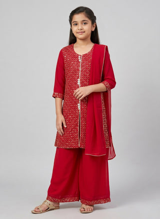 Girl wearing a embroidered sleeveless kurta with matching Patiala salwar and chiffon dupatta ethnic wear set for kids aged 4–12 years.