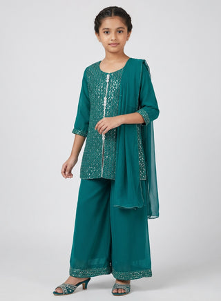 Girl wearing a embroidered sleeveless kurta with matching Patiala salwar and chiffon dupatta ethnic wear set for kids aged 4–12 years.