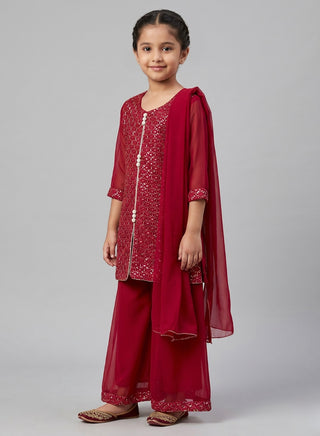 Girl wearing a embroidered sleeveless kurta with matching Patiala salwar and chiffon dupatta ethnic wear set for kids aged 4–12 years.