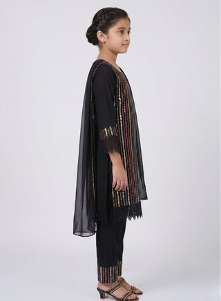 Girls Black Kurta Pant Set With Dupatta
