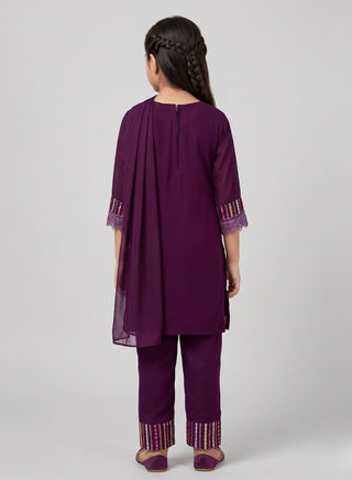 Girls Purple Embellished Kurta Pant Set