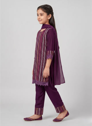 Girls Purple Embellished Kurta Pant Set